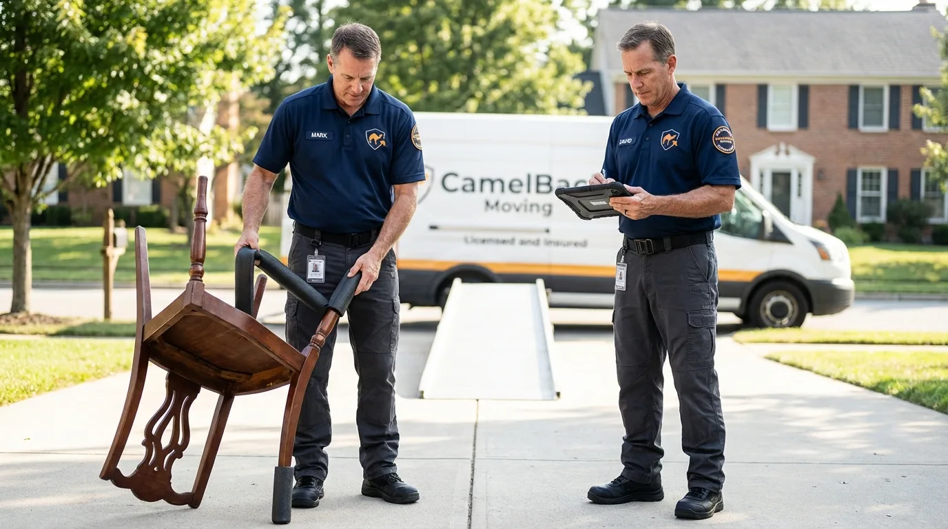 Movers inspecting furniture for damage prevention before loading in Brownsville, OR