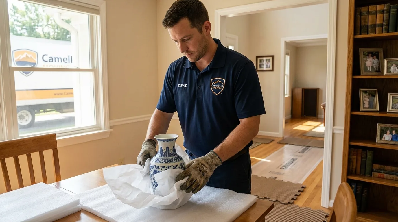 Professional crew carefully wrapping antique vase for senior downsizing move in Brownsville, OR